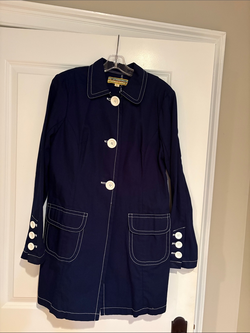 Women's Navy Trench Coat with Contrast Stitching and White Buttons